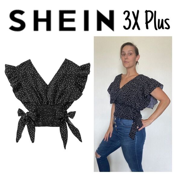 SHEIN Top Stretchy Polkadot Black White Smocked 3X Side Tie Plus - Picture 4 of 13